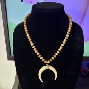 Gold Beaded Necklace with Crescent Pendant